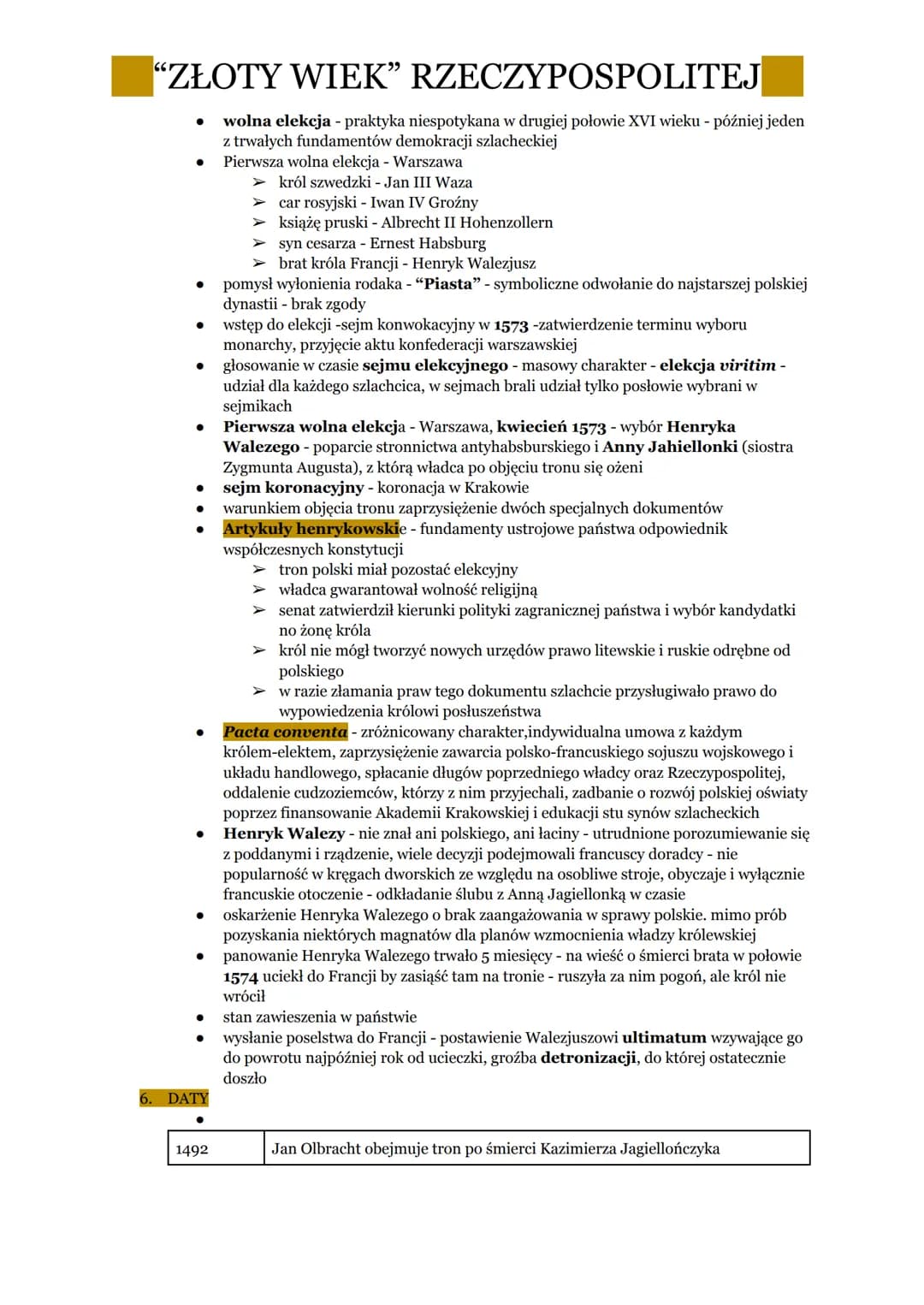 "ZŁOTY WIEK" RZECZYPOSPOLITEJ
1. PANOWANIE OSTATNICH JAGIELLONÓW
•
•
.
•
•
.
•
•
⋅
•
•
•
•
XV w - Jagiellonowie jedną z bardziej wpływowych 