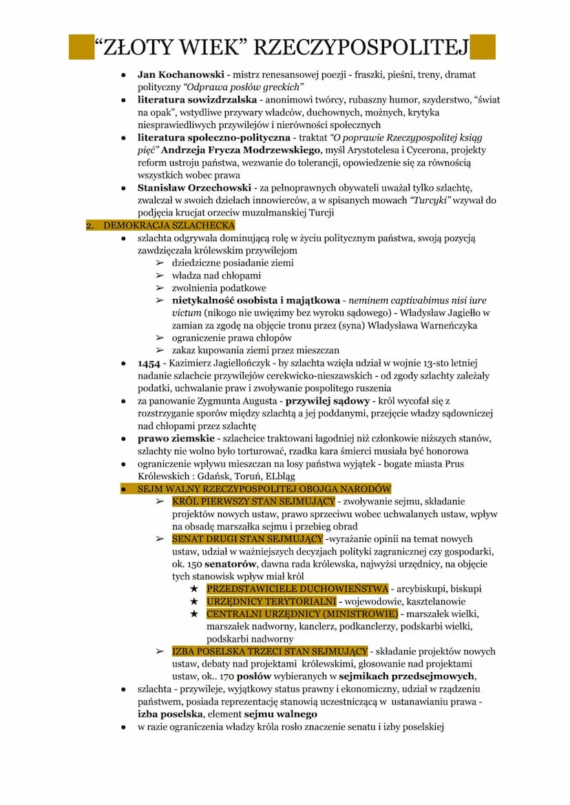 "ZŁOTY WIEK" RZECZYPOSPOLITEJ
1. PANOWANIE OSTATNICH JAGIELLONÓW
•
•
.
•
•
.
•
•
⋅
•
•
•
•
XV w - Jagiellonowie jedną z bardziej wpływowych 