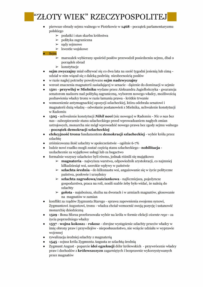 "ZŁOTY WIEK" RZECZYPOSPOLITEJ
1. PANOWANIE OSTATNICH JAGIELLONÓW
•
•
.
•
•
.
•
•
⋅
•
•
•
•
XV w - Jagiellonowie jedną z bardziej wpływowych 