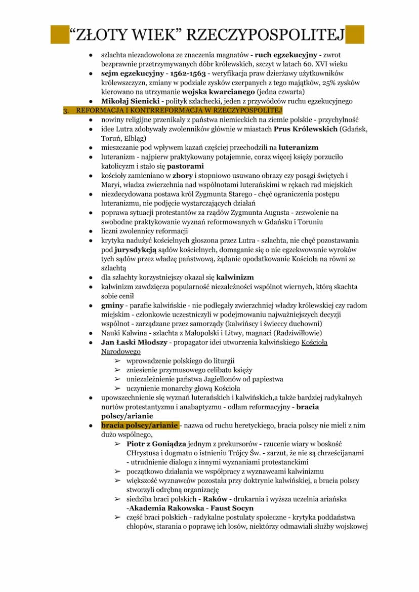 "ZŁOTY WIEK" RZECZYPOSPOLITEJ
1. PANOWANIE OSTATNICH JAGIELLONÓW
•
•
.
•
•
.
•
•
⋅
•
•
•
•
XV w - Jagiellonowie jedną z bardziej wpływowych 