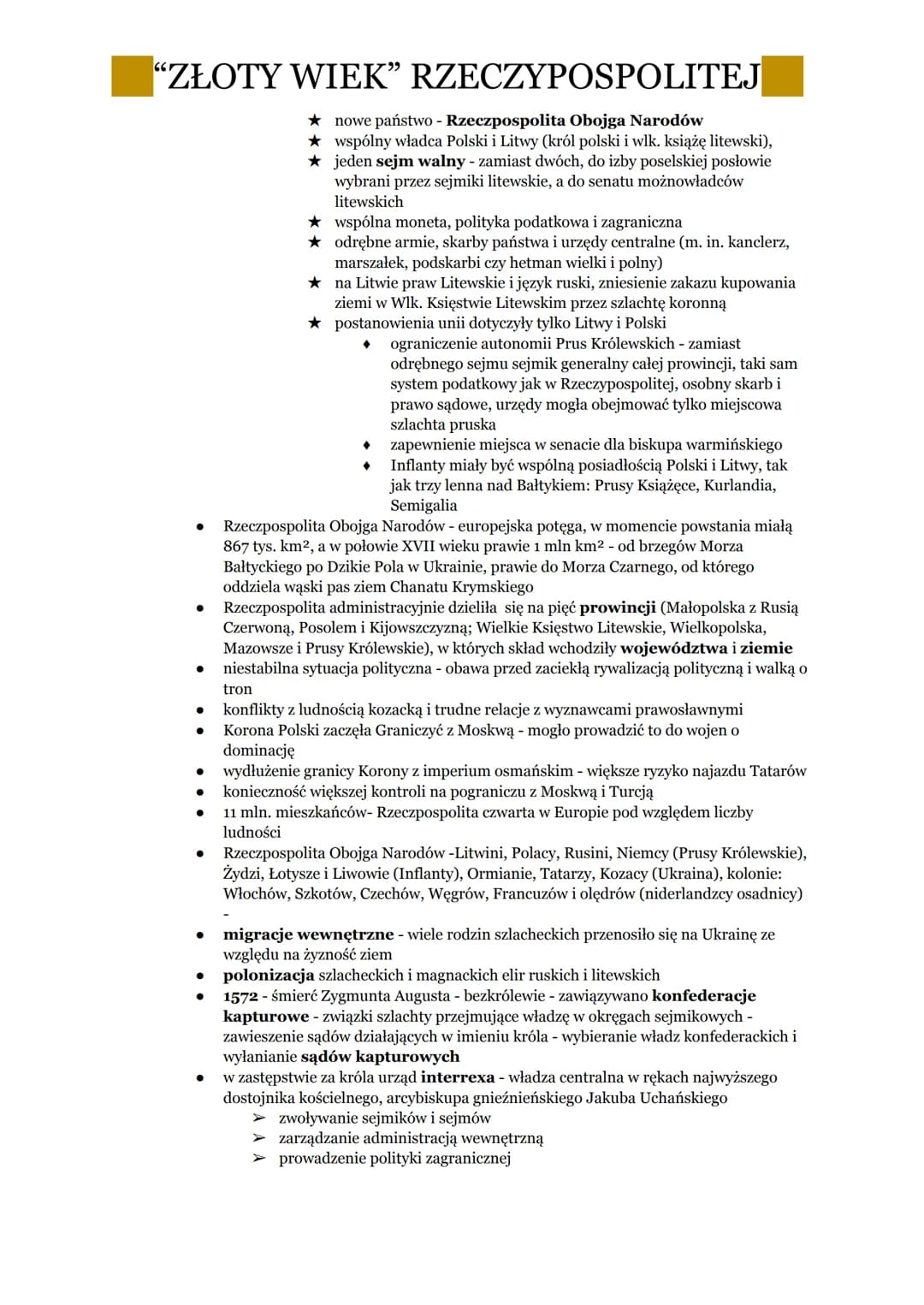 "ZŁOTY WIEK" RZECZYPOSPOLITEJ
1. PANOWANIE OSTATNICH JAGIELLONÓW
•
•
.
•
•
.
•
•
⋅
•
•
•
•
XV w - Jagiellonowie jedną z bardziej wpływowych 