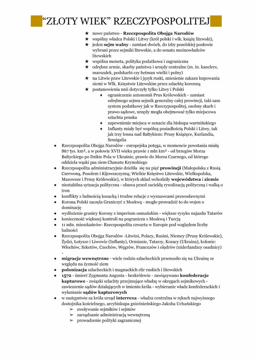 "ZŁOTY WIEK" RZECZYPOSPOLITEJ
1. PANOWANIE OSTATNICH JAGIELLONÓW
•
•
.
•
•
.
•
•
⋅
•
•
•
•
XV w - Jagiellonowie jedną z bardziej wpływowych 