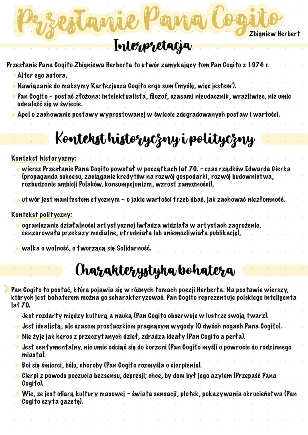 Przestanie Pana Cogito
Interpretacja
Przesłanie Pana Cogito Zbigniewa Herberta to utwór zamykający łom Pan Cogito z 1974 r.
Alter ego autora