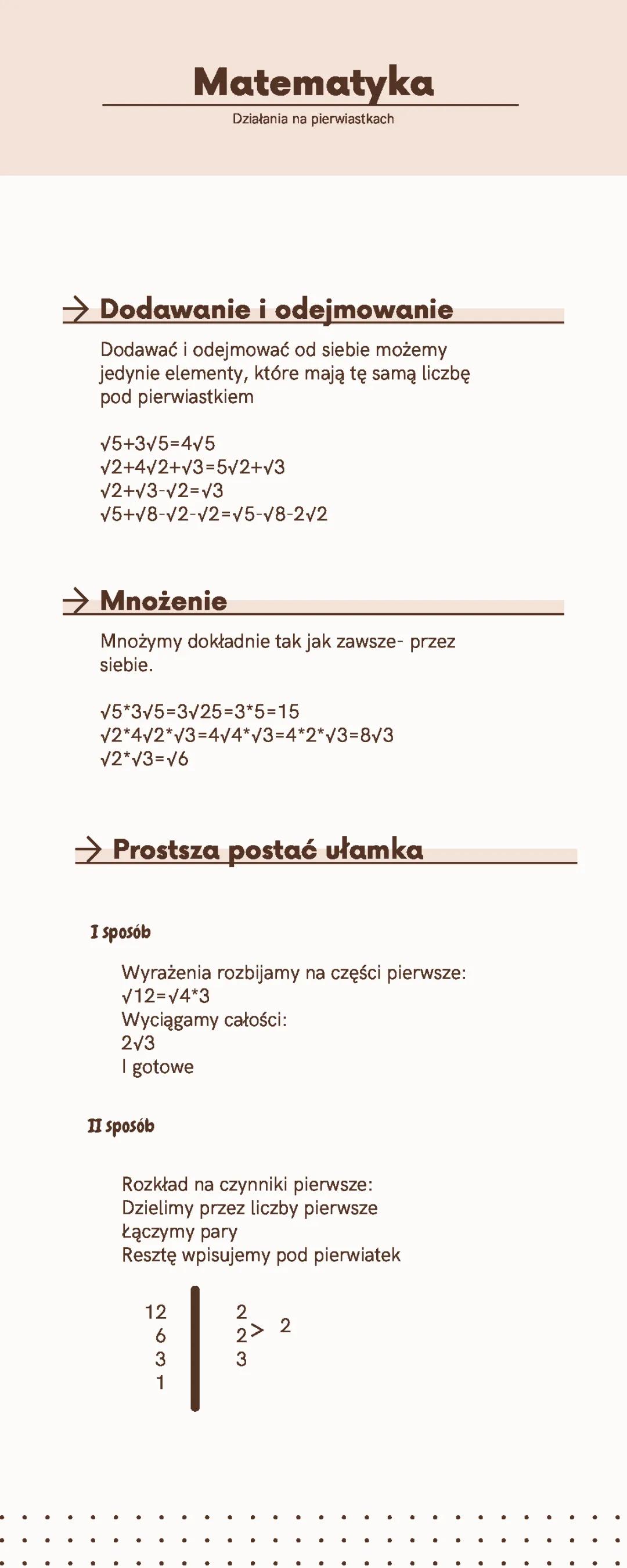 Działania na pierwiastkach - Klasa 7 i 8, Wzory, Zadania PDF