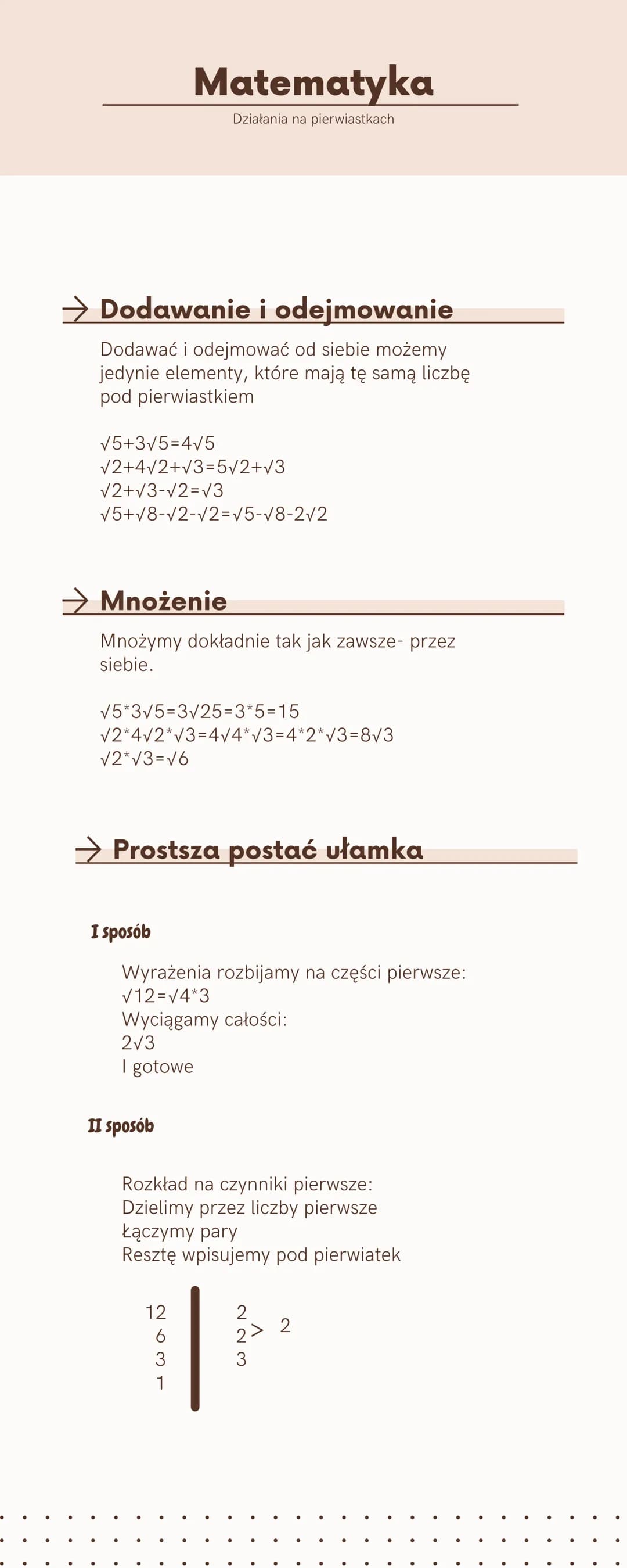 → Dodawanie i odejmowanie
Dodawać i odejmować od siebie możemy
jedynie elementy, które mają tę samą liczbę
pod pierwiastkiem
√5+3√5=4√5
√2+4