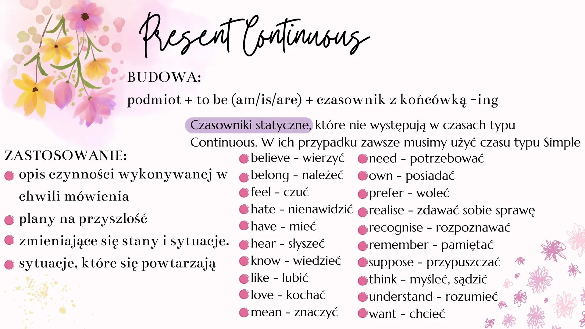Jezyk Angielski
CZASY TERAŹNIEJSZE Present
simple Present simple
BUDOWA:
podmiot + czasownik w formie podstawowej + s
Czasu present simple u