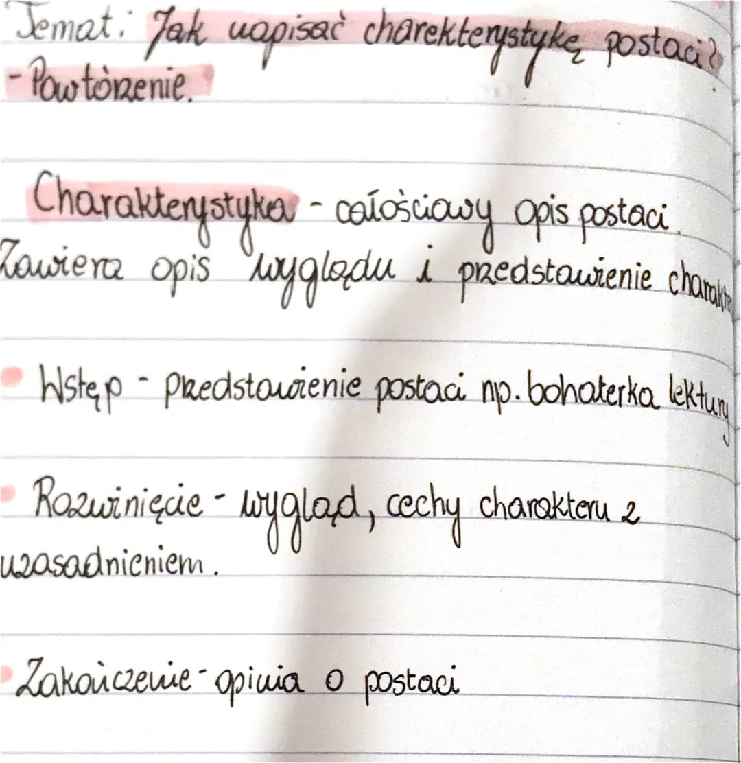 Jemat: Jak uapisal charekterystykę postaci?
-Powtórzenie."
Charakterystyka - całościowy opis postaci
Zawiera opis wyglądu i pzedstawienie ch