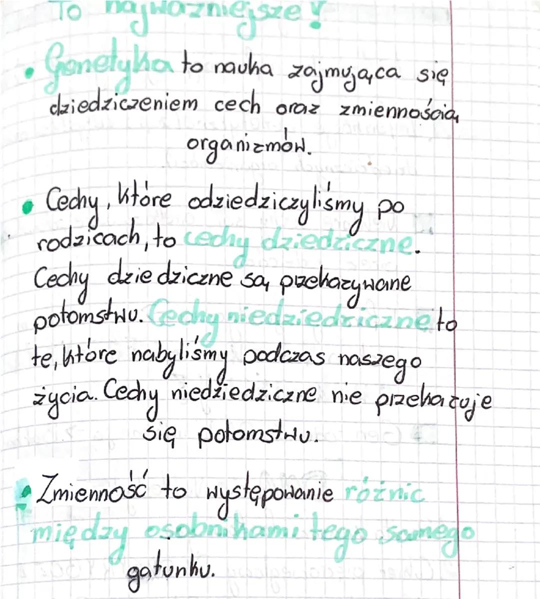 # lekcja nr 1

Temot: Czym jest genetyka?

# Genetyka

1. Cechy dziedziczne
- kolor skóry
- rysy twarzy
- zdrowotność organizmu

2. Cechy ni
