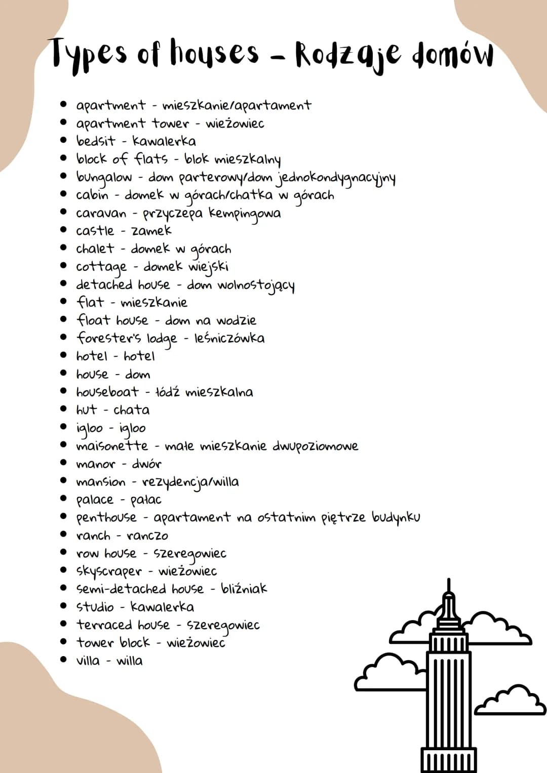 Types of houses - Rodzaje domów
• apartment - mieszkanie/apartament
apartment tower wieżowiec
• bedsit - kawalerka
• block of flats - blok m