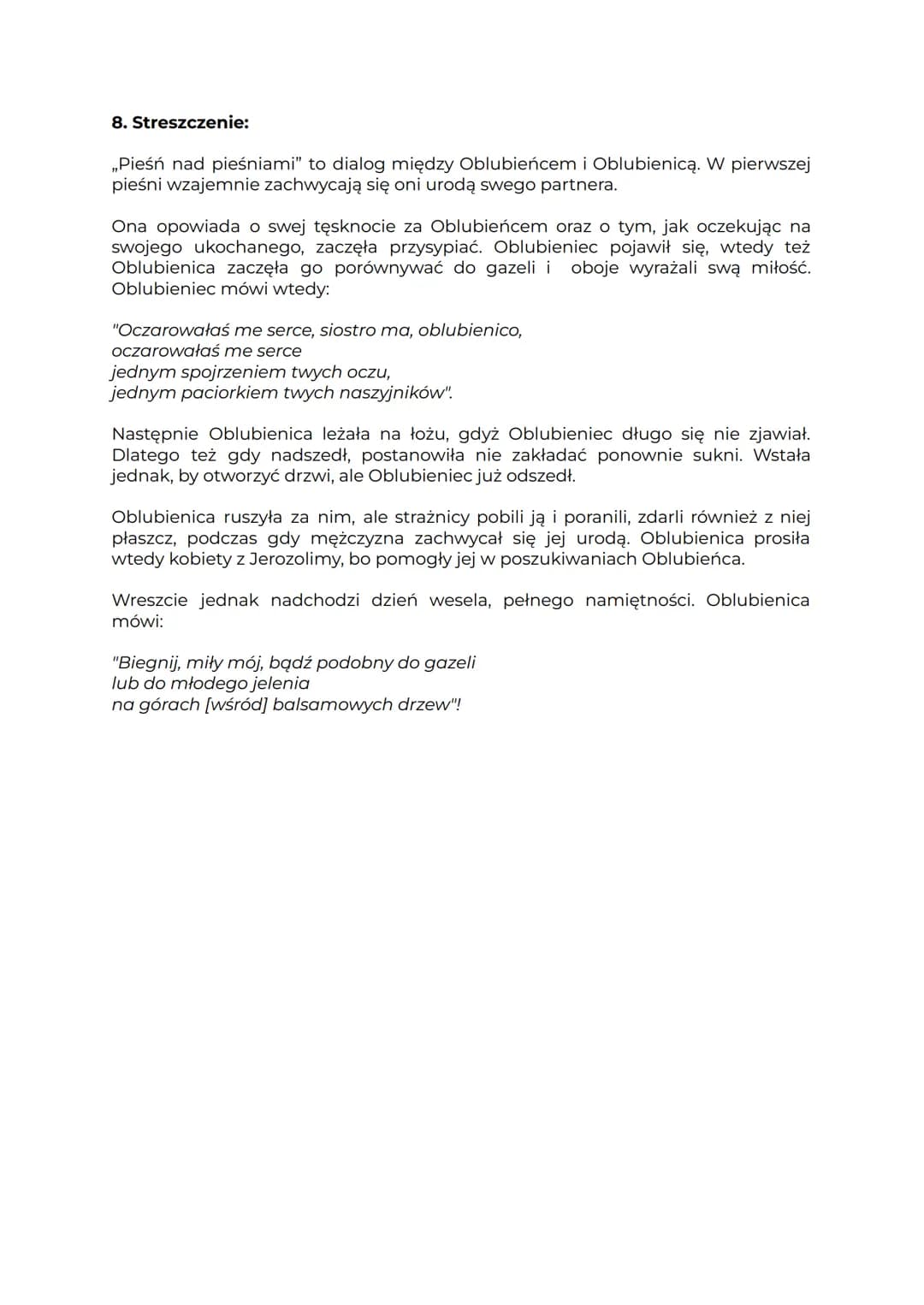 Pieśń nad pieśniami
1. Pieśń nad pieśniami (VI-III w. p.n.e.) - Tekst zaliczany jest do
starotestamentowych ksiąg dydaktycznych. Z j. hebraj