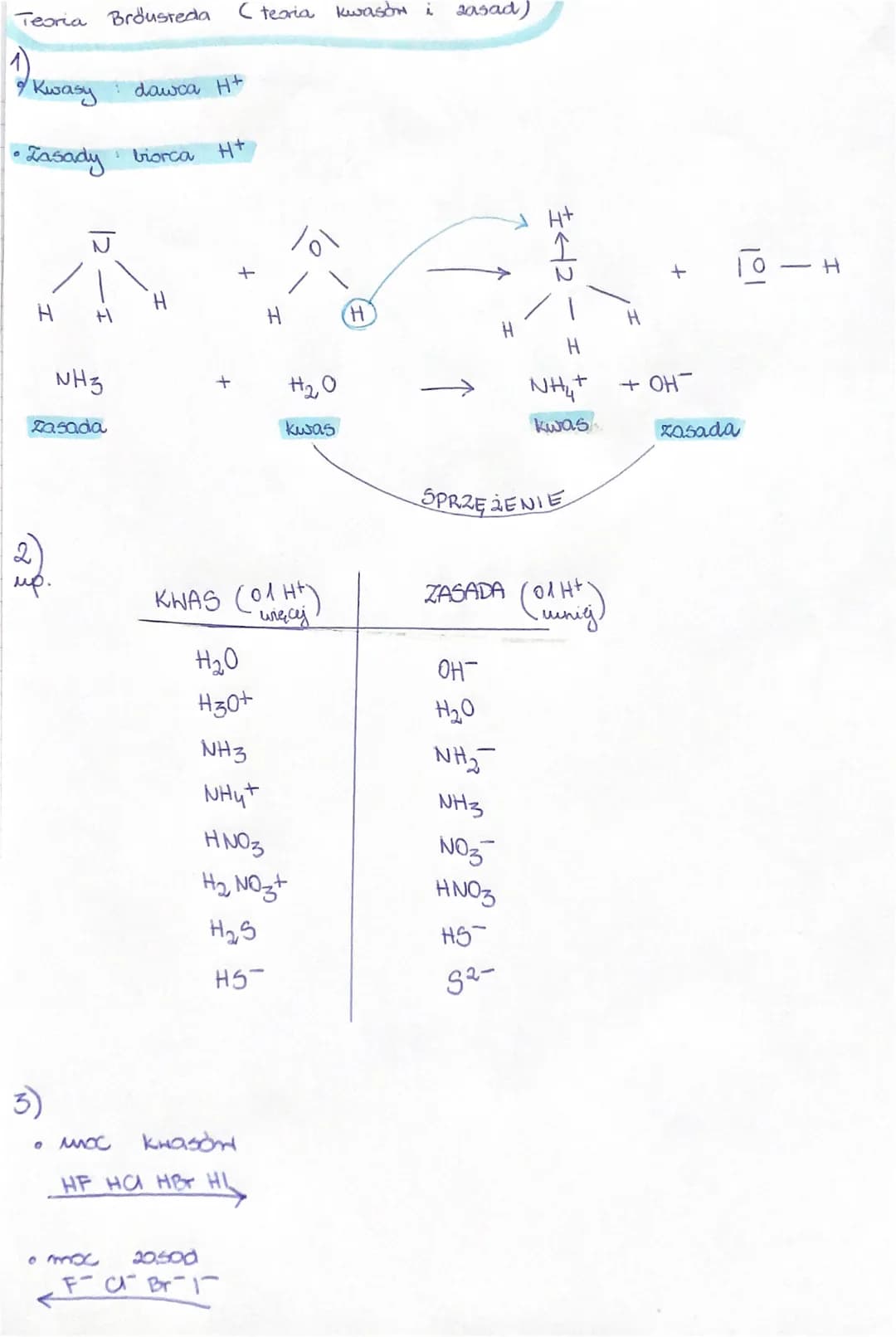 Teoria Brousteda
1)
Kwasy dawca H+
Zasady
ū
up.
3)
H
NH3
zasada
• Moc
biorca H+
+
(teoria kwasón i sasad)
KWAS (01 Ht)
имесу
H₂0
H30+
NH3
NH