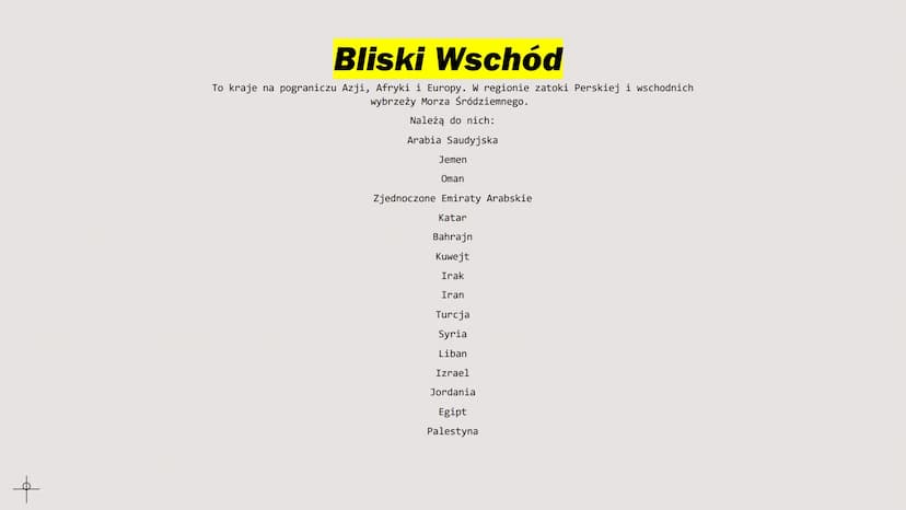 
<p>Bliski Wschód to kraje leżące na pograniczu Azji, Afryki i Europy, w regionie zatoki Perskiej i wschodnich wybrzeży Morza Śródziemnego. 