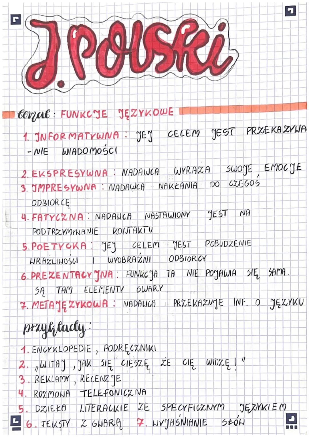 J. Polski
Cerrut: FUNKCJE JĘZYKOWE
1. INFORMATYWNA JEY CELEM JEST PRZEKAZYWA
-NIE WIADOMOŚCI
2. EKSPRESYWNA: NADAWCA
3. IMPRESYWNA: NADAWCA
