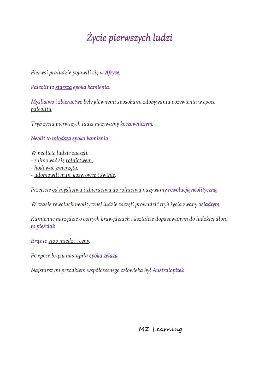 Życie pierwszych ludzi
Pierwsi praludzie pojawili się w Afryce.
Paleolit to starsza epoka kamienia.
Myślistwo i zbieractwo były głównymi spo