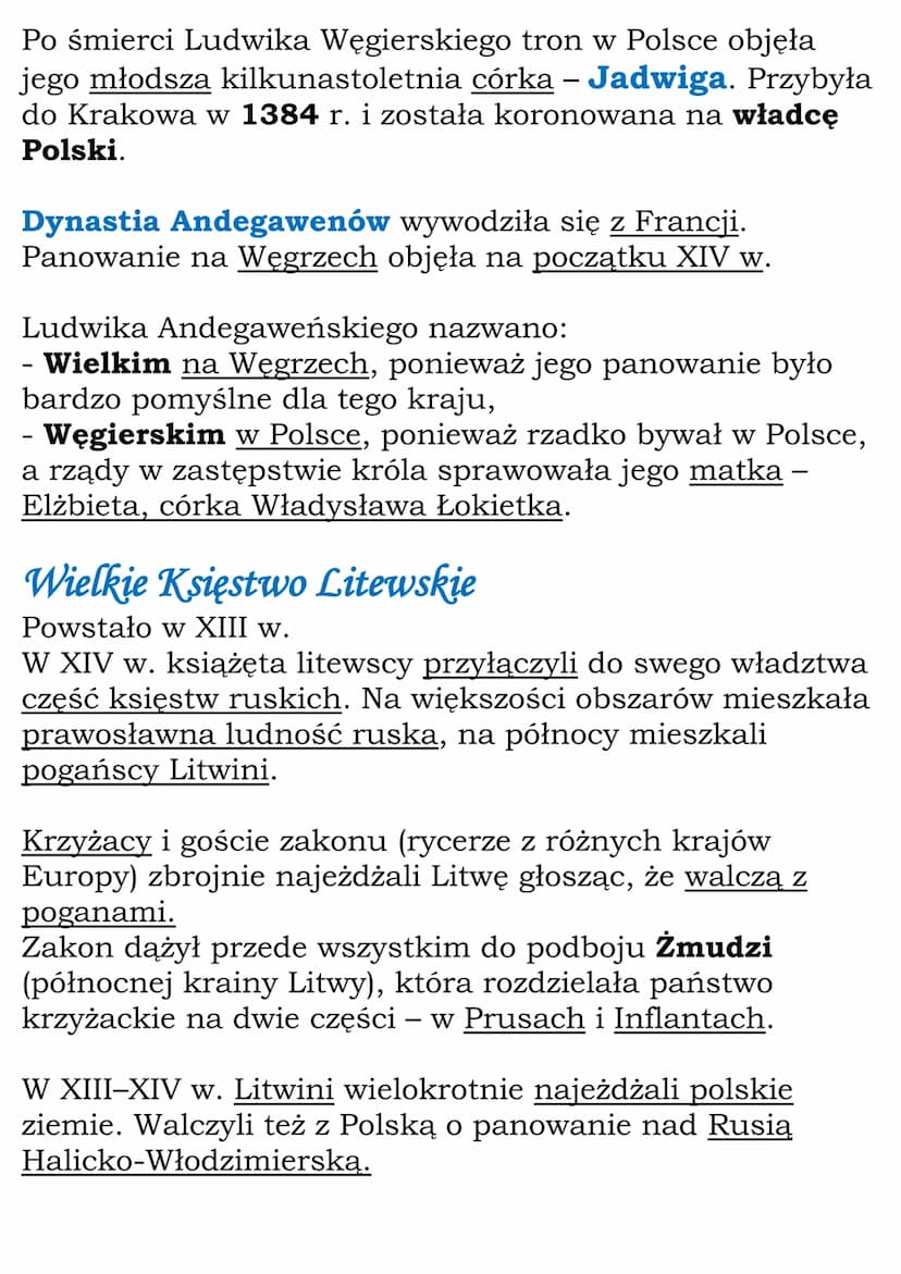 Polska w unii z Węgrami i
Litwą
Kazimierz Wielki był ostatnim królem Polski z dynastii
Piastów.
Zmarł w 1370 r. Nie miał męskiego potomka.
U