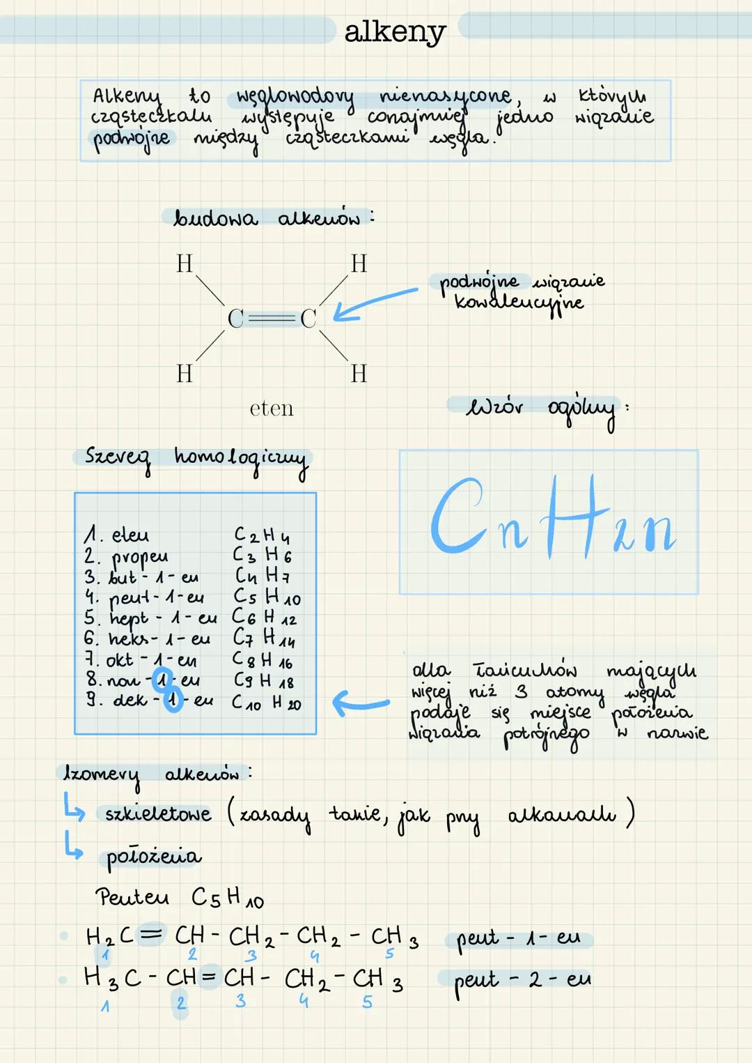 Alkeny to węglowodory nienasycone, w ktovy
cząsteczkalu występuje conajmniej jedno wiązanie
podwojne między cząsteczkami węgla.
budowa alken