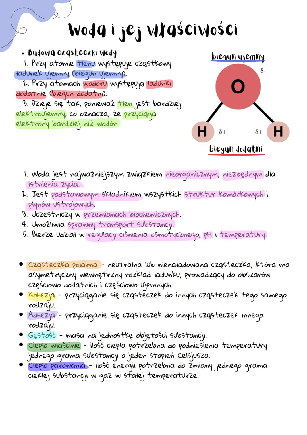 •
wodą i jej właściwości
Budowa cząsteczki Wody
1. Przy atomie tlenu występuje cząstkowy
Hadunek ujemny (biegun ujemny).
2. Przy atomach wod