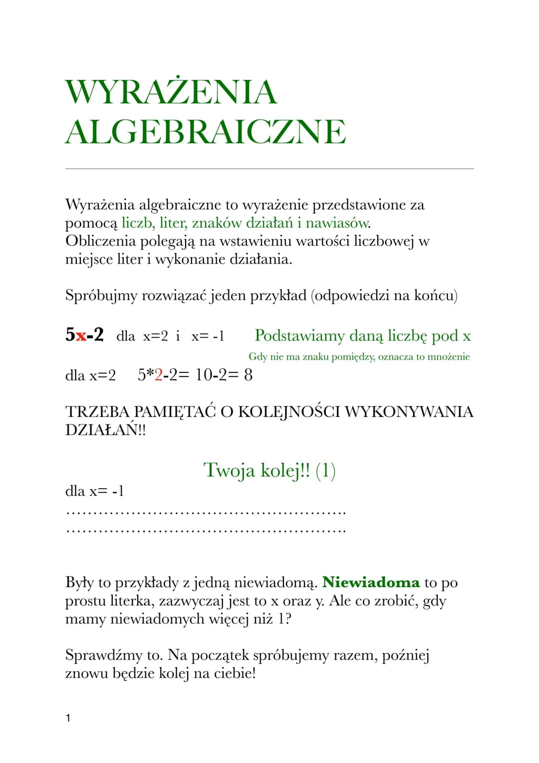 WYRAŻENIA
ALGEBRAICZNE
Wyrażenia algebraiczne to wyrażenie przedstawione za
pomocą liczb, liter, znaków działań i nawiasów.
Obliczenia poleg