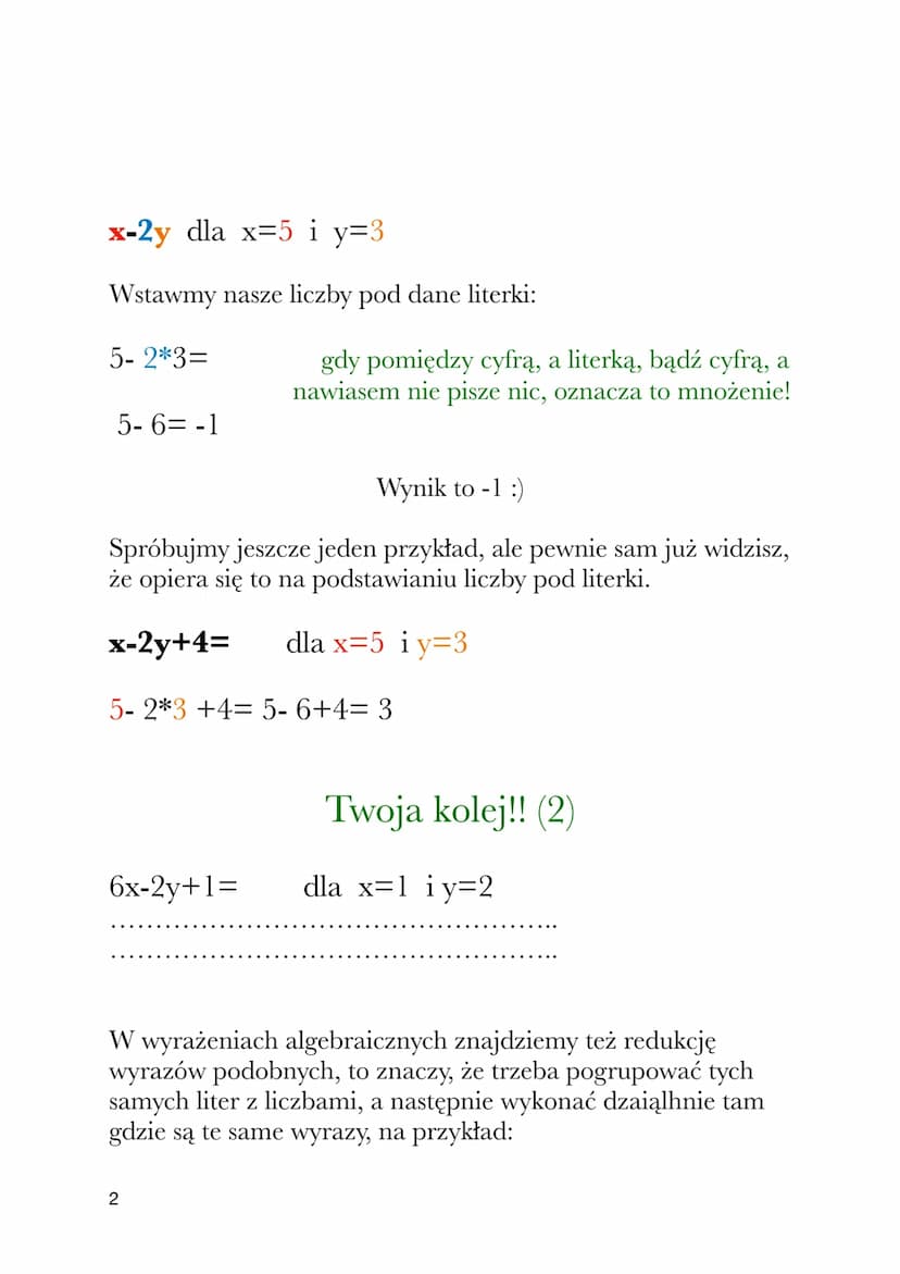 WYRAŻENIA
ALGEBRAICZNE
Wyrażenia algebraiczne to wyrażenie przedstawione za
pomocą liczb, liter, znaków działań i nawiasów.
Obliczenia poleg
