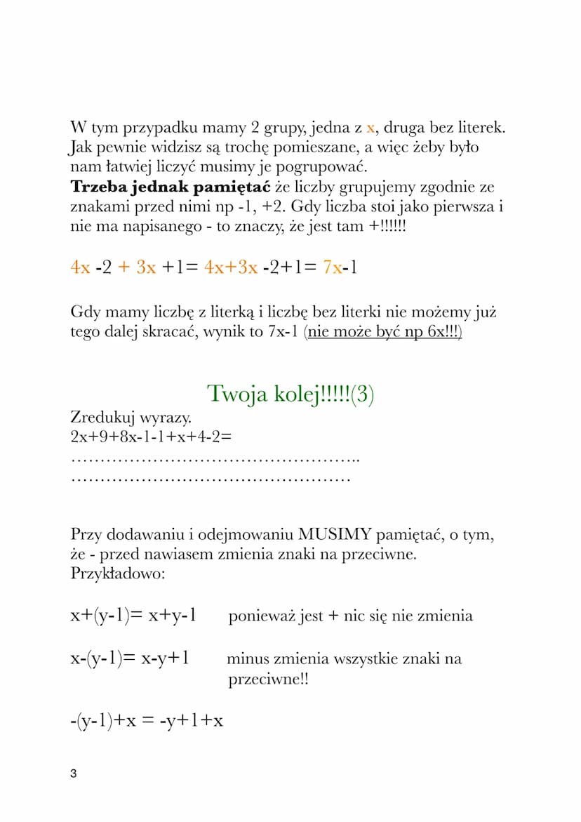 WYRAŻENIA
ALGEBRAICZNE
Wyrażenia algebraiczne to wyrażenie przedstawione za
pomocą liczb, liter, znaków działań i nawiasów.
Obliczenia poleg