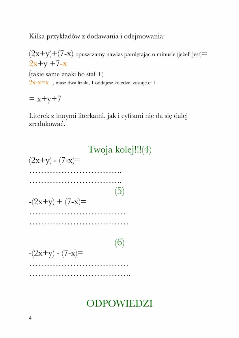 WYRAŻENIA
ALGEBRAICZNE
Wyrażenia algebraiczne to wyrażenie przedstawione za
pomocą liczb, liter, znaków działań i nawiasów.
Obliczenia poleg