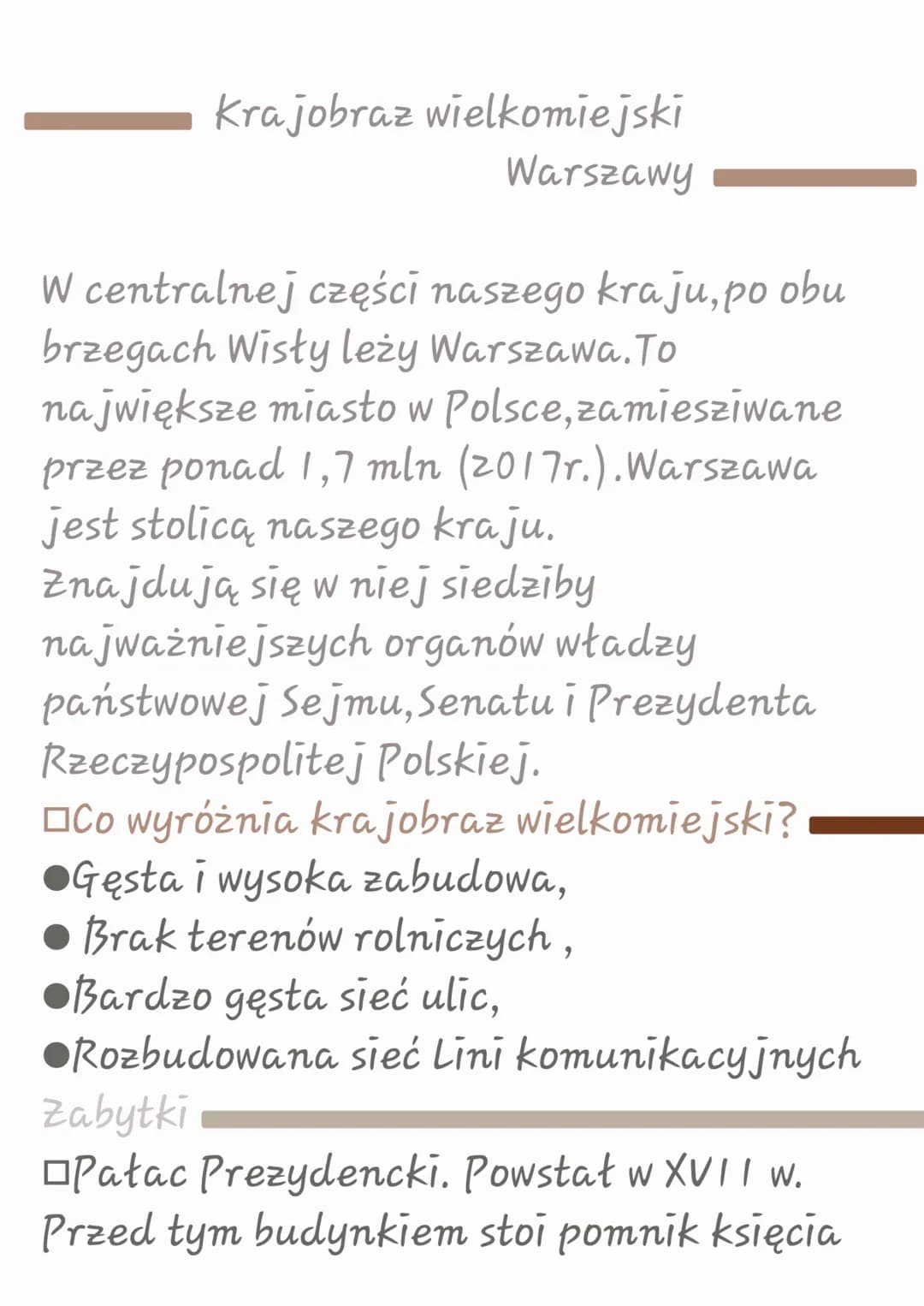 Krajobraz wielkomiejski
Warszawy
W centralnej części naszego kraju, po obu
brzegach Wisły leży Warszawa. To
największe miasto w Polsce, zami