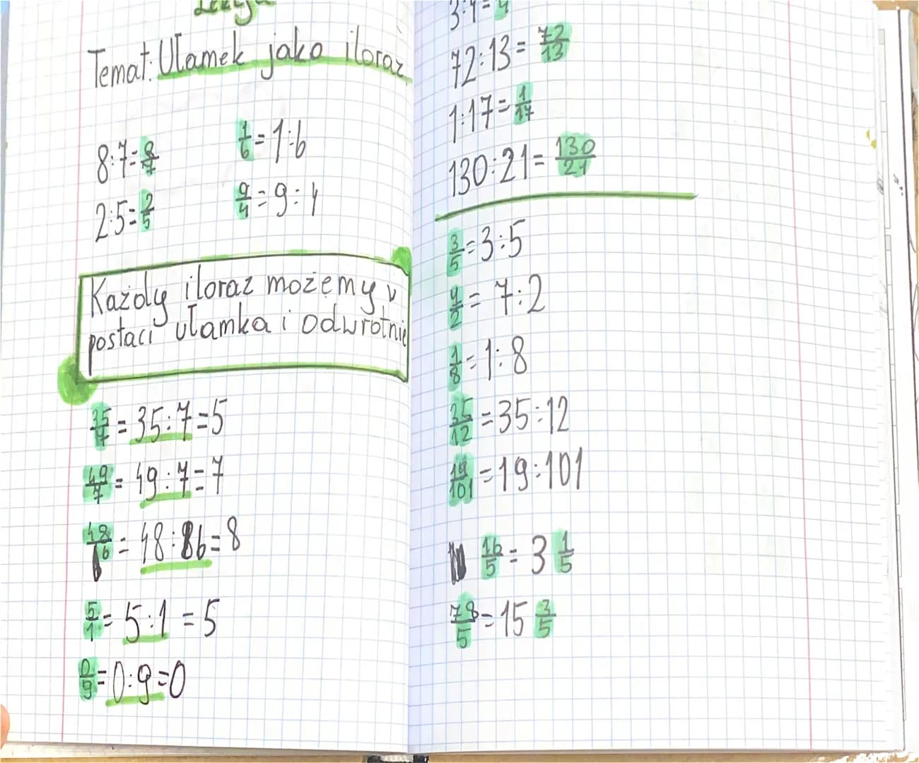 Temat Ulamek jaka ilarco
4 = 16
9=9=4
8:7 = $
2:5=2
iloraz mozer
Każdy
postaci ulamka i odwrotning
=35:4-5
42=497=7
możemy,
6=0:9=0
3:4²
72-
