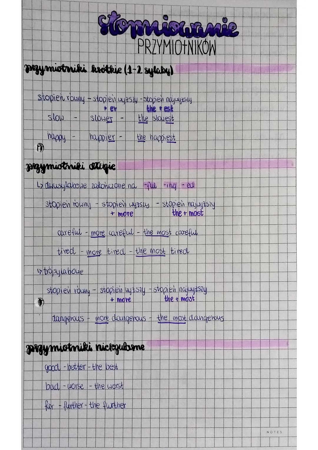 przymiotniki krótkie (1-2 sylaby)
stomiowanie
PRZYMIOTNIKOW
stopien rouny - stopień wyższy stopień najwyższy
er
the test
slow
the slowest
ha