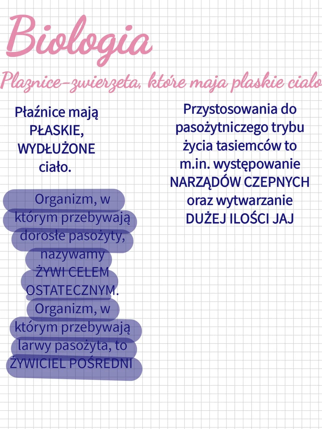 Biologia
Plaznice-zwierzeta, które maja plaskie cialo
Płaźnice mają
PŁASKIE,
WYDŁUŻONE
ciało.
Organizm, w
którym przebywają
doroste pasożyty