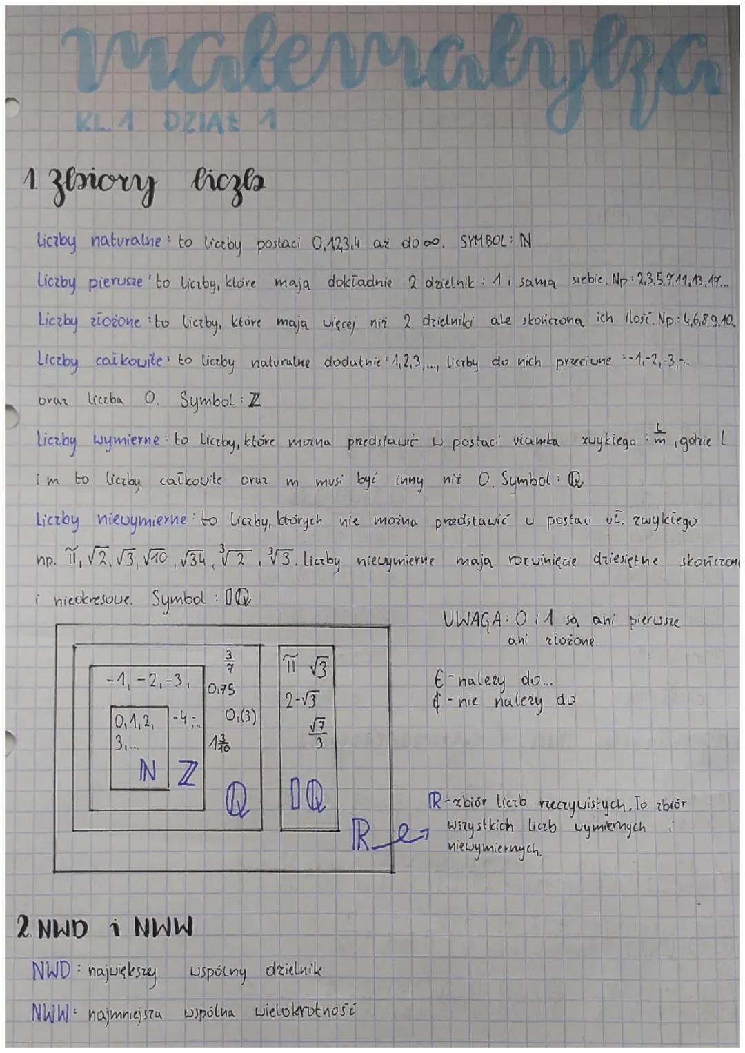 # matematyka
KLA DZIAL

# 1 zbiory liczb

Liczby naturalne to liceby postaci 0,123,4 aż do 00. SYMBOL IN

Liczby pierusze 'to liczby, które 