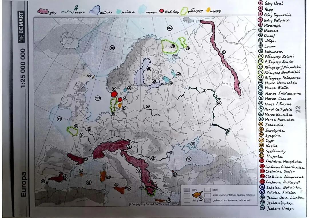 Mapa konturowa Europy z miejscami geograficznymi