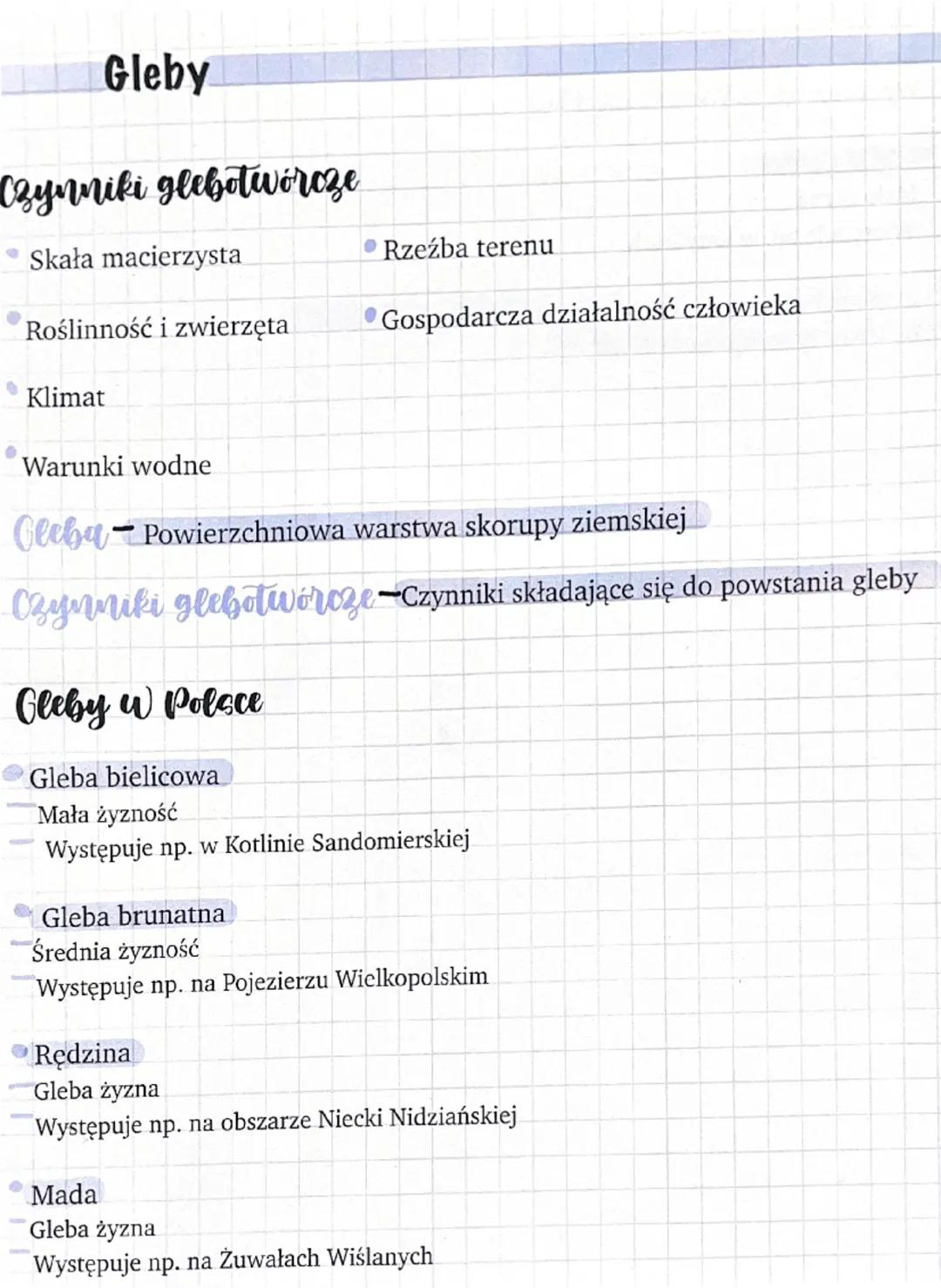 Gleby
Czynniki glebotwórcze
⚫ Skała macierzysta
Roślinność i zwierzęta
Klimat
Warunki wodne
Rzeźba terenu
Gospodarcza działalność człowieka

