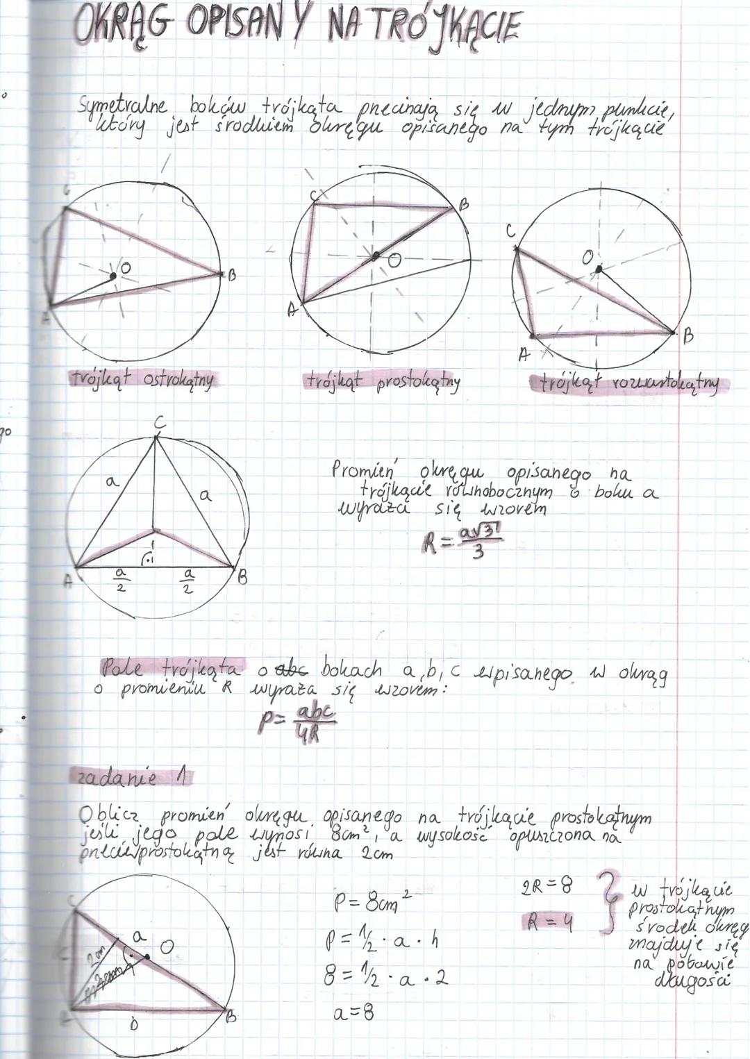 70
OKRAG OPISANY NA TROJKACIE
Symetralne boków trójkąta przecinają się w jednym punlicie,
który jest środkiem okręgu opisanego na tym trójką