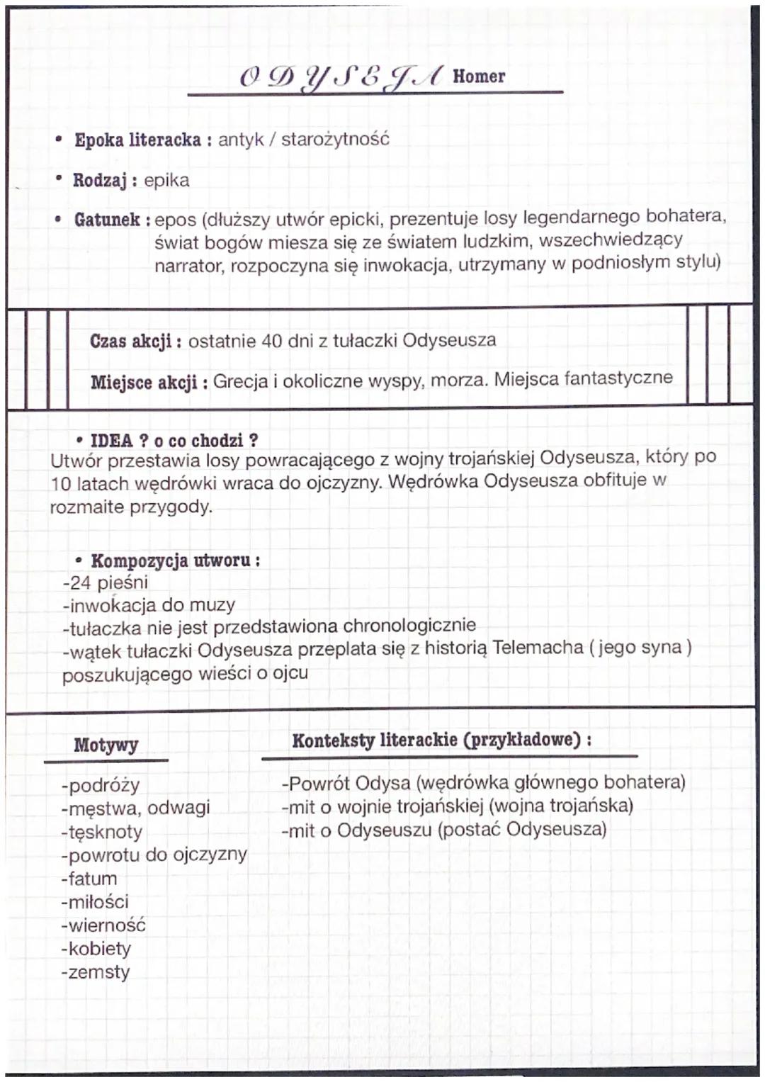 •
ODYSEJA Homer
Epoka literacka: antyk / starożytność
Rodzaj: epika
• Gatunek: epos (dłuższy utwór epicki, prezentuje losy legendarnego boha