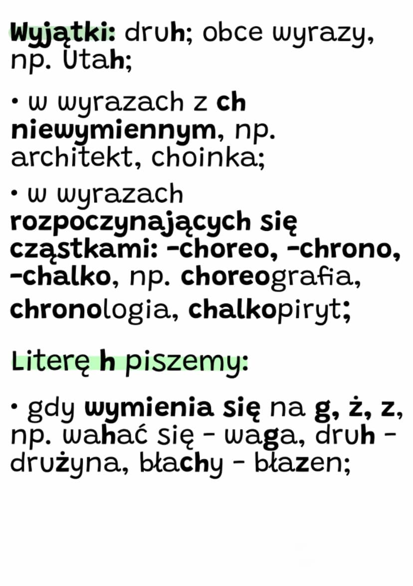 Zasady pisowni ch ih
Dwuznak ch piszemy:
• gdy ch wymienia się na sz,
np. mucha - muszka, ucho
uszy;
-
po spółgłosce s, np. schody,
wschód;

