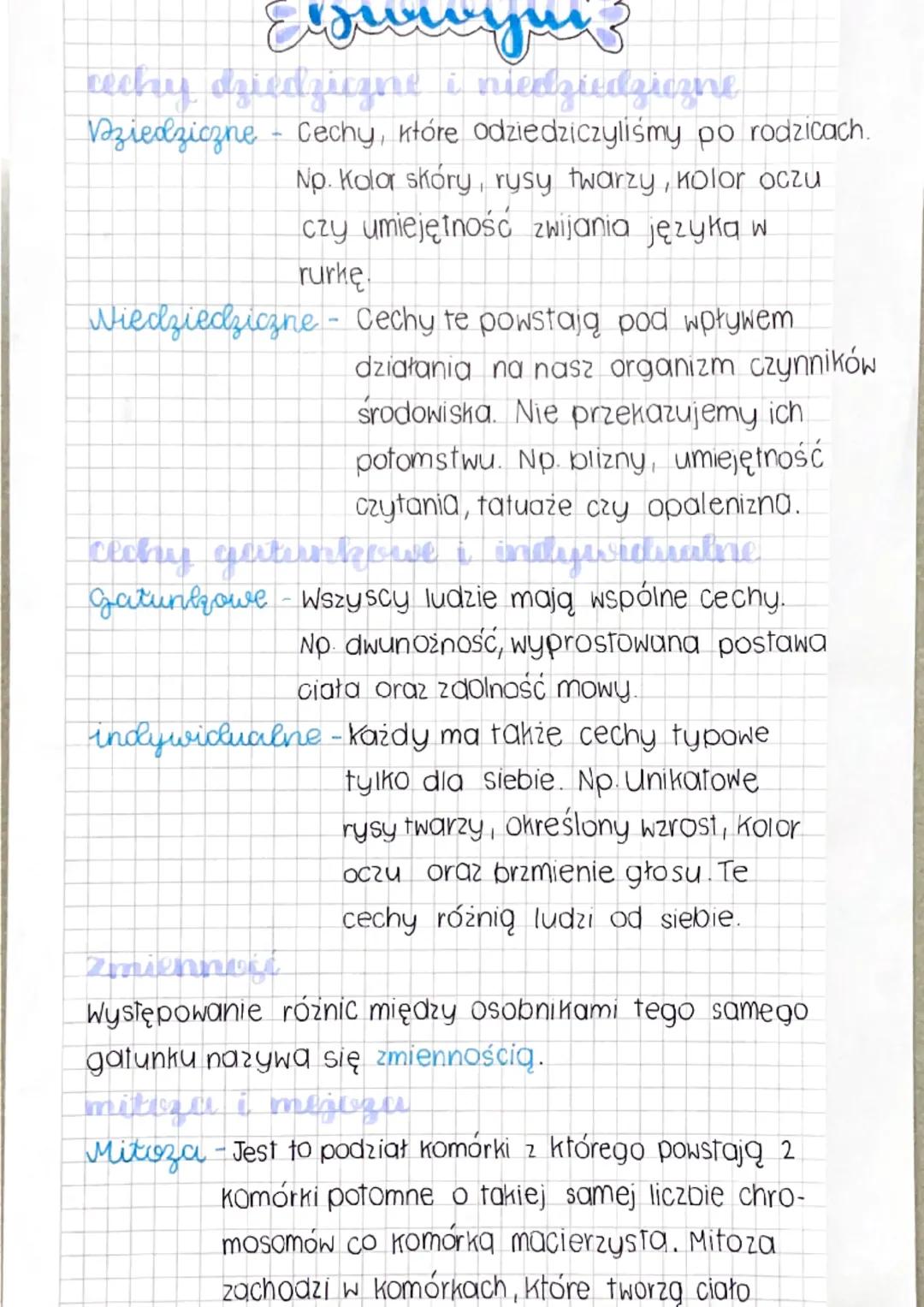 Exowym?
rechy dziedziczne i niedziedziczne
Dziedziczne - Cechy, które odziedziczyliśmy po rodzicach.
No. Kolor skóry, rysy twarzy, kolor ocz