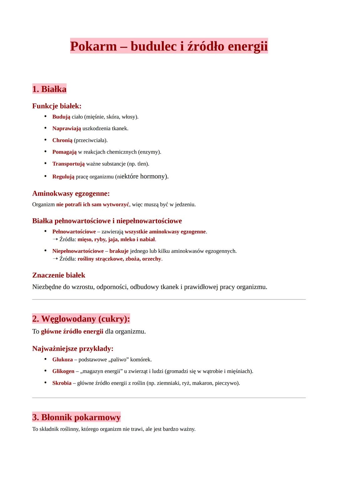 # Pokarm – budulec i źródło energii

1. Białka

Funkcje białek:

*   Budują ciało (mięśnie, skóra, włosy).
*   Naprawiają uszkodzenia tkanek