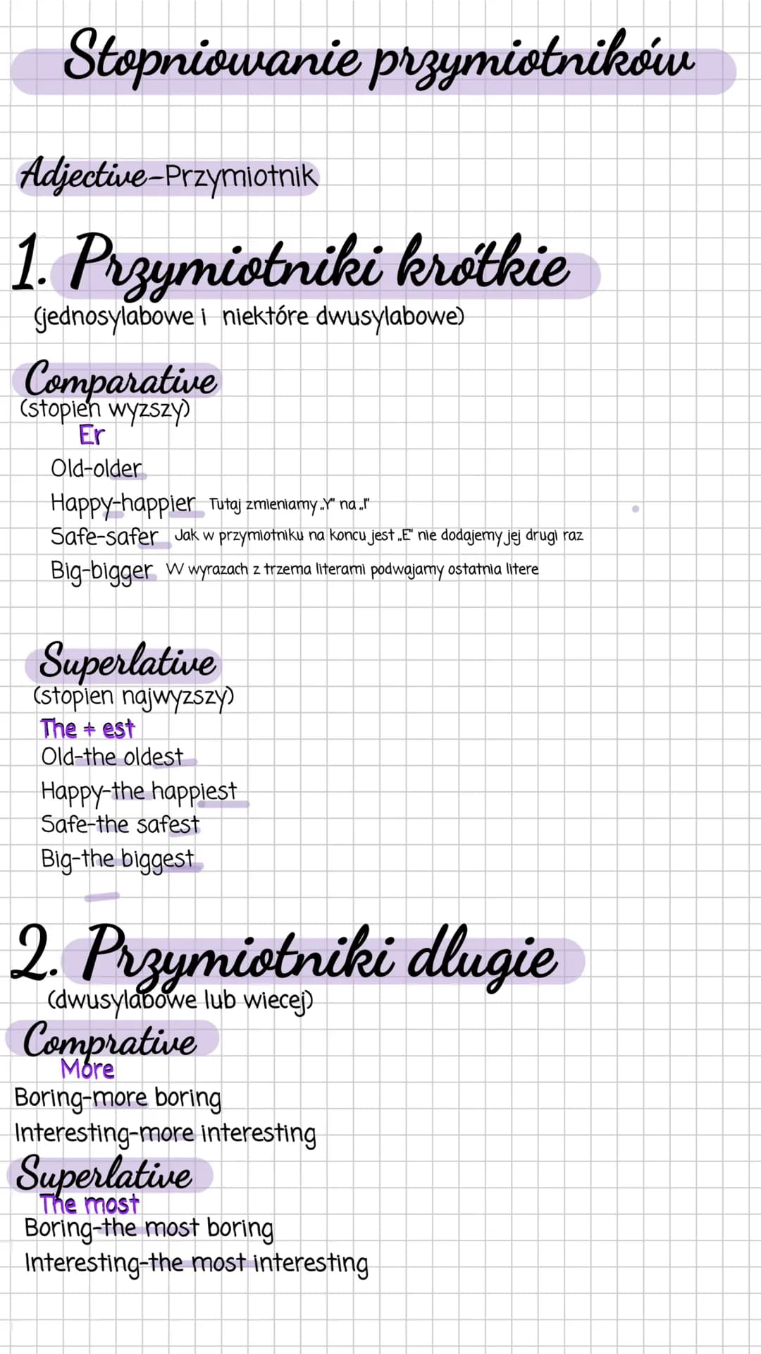 Stopniowanie przymiotników
Adjective-Przymiotnik
1. Przymiotniki krótkie
(jednosylabowe i niektóre dwusylabowe)
Comparative
(stopień wyższy)