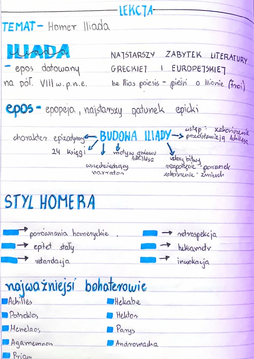 HOMER-poeta grecki, narastało wokół niego.
wiele legend, żył w VIII w. p.n.e. Autor Iliady i Odysei.
epos Homerycki
rodzaj literacki → epika