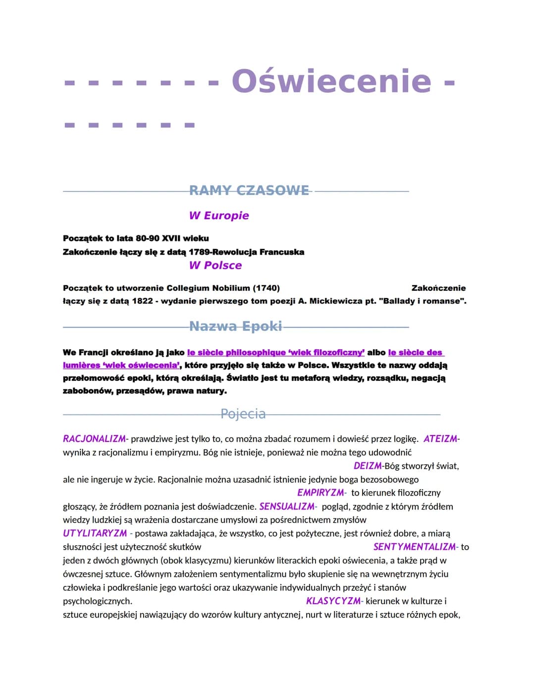 "
I
I
I
I
Oświecenie -
RAMY CZASOWE
W Europie
Początek to lata 80-90 XVII wieku
Zakończenie łączy się z datą 1789-Rewolucja Francuska
W Pols