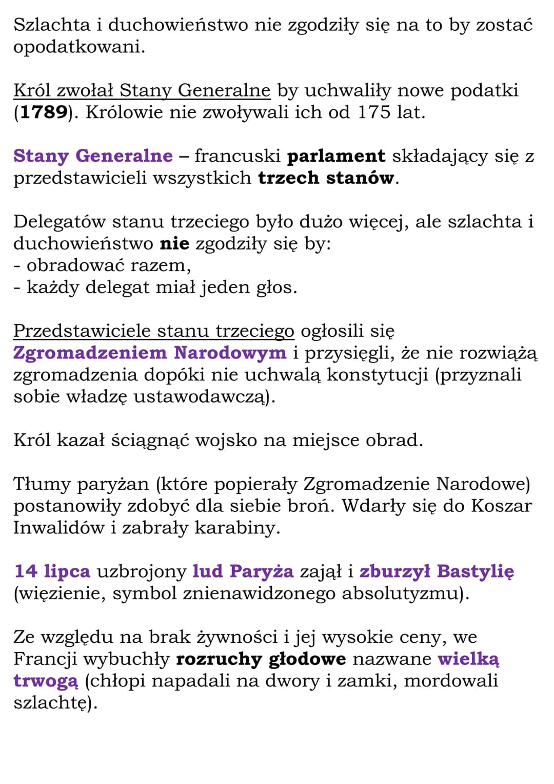Początek rewolucji
francuskiej
Społeczeństwo Francji starego ładu:
stan pierwszy - duchowieństwo - prawie nie płacił
podatków, posiadał 10 %