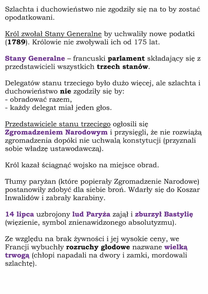 Początek rewolucji
francuskiej
Społeczeństwo Francji starego ładu:
stan pierwszy - duchowieństwo - prawie nie płacił
podatków, posiadał 10 %