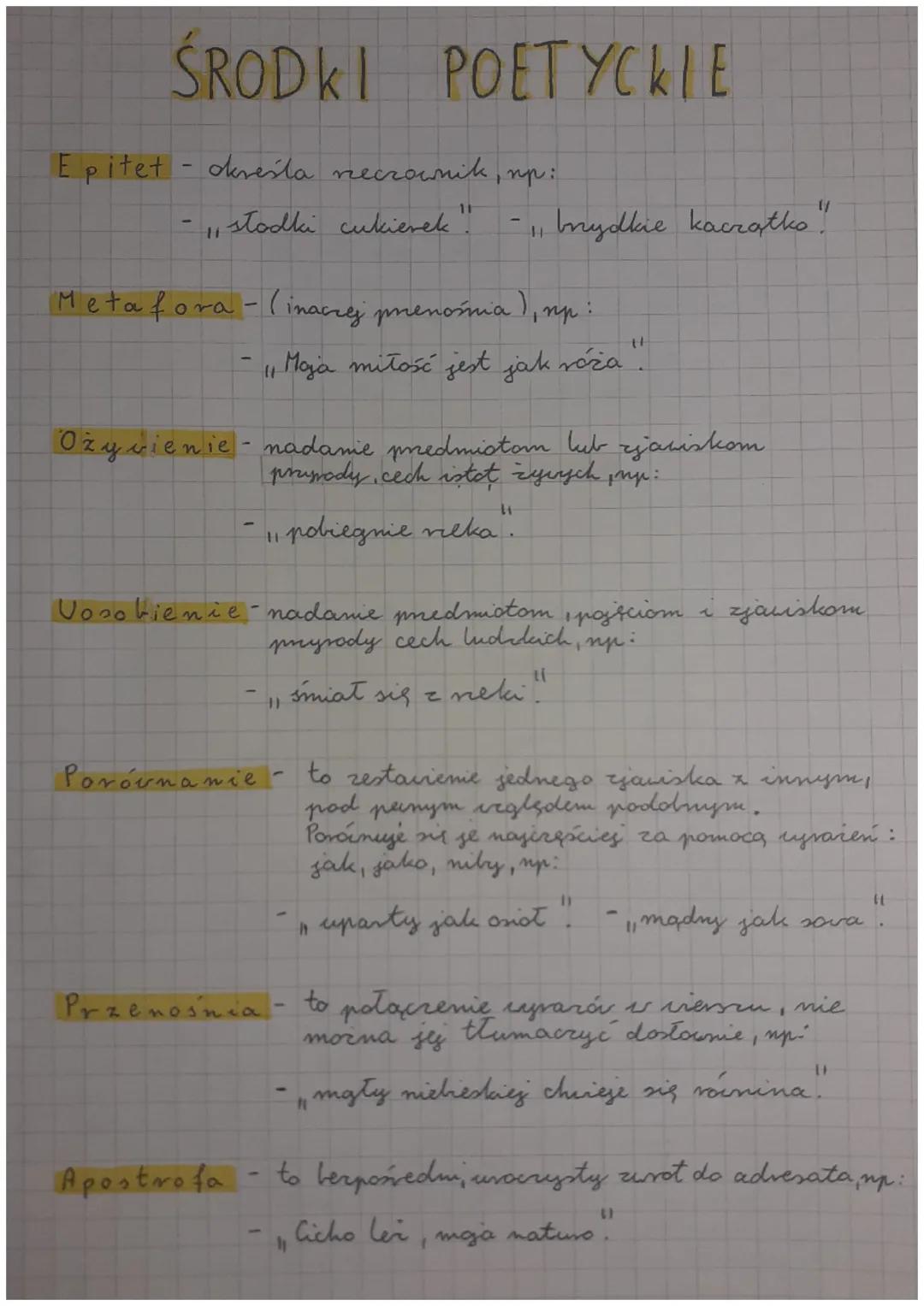 ŚRODKI POETYCKLE
Epitet - określa rzeczownik, np:
słodki cukierek!
Metafora - ( inaczej przenośnia), np:
(1
Moja miłość jest jak róża".
Ozyv