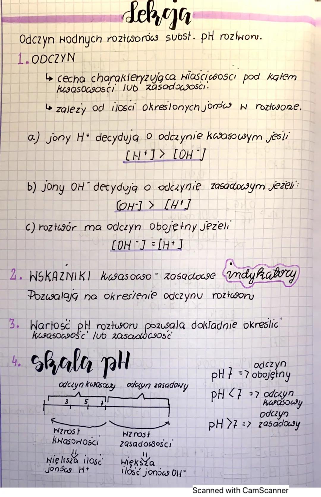 Sekoja
Odczyn wodnych roztworów subst. pH roztworu.
1.ODCZYN
↳ cecha charakteryzująca Hiasciwosci pod katem
kwasowości 100 zasadowości.
↳zal