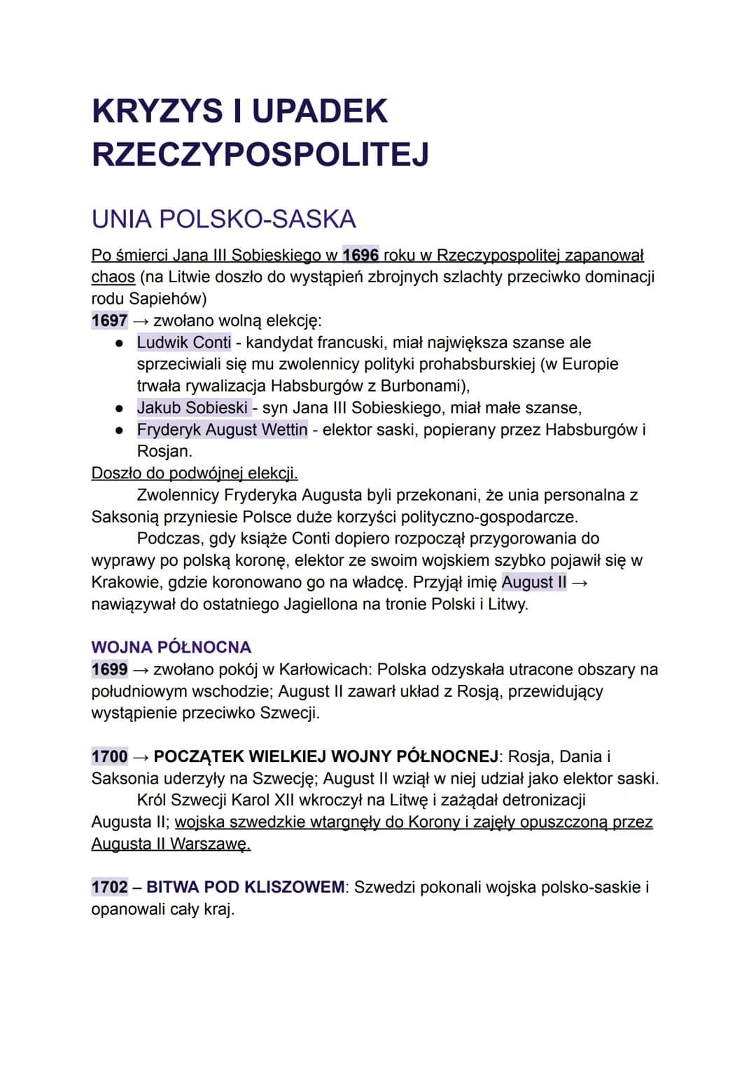KRYZYS I UPADEK
RZECZYPOSPOLITEJ
UNIA POLSKO-SASKA
Po śmierci Jana III Sobieskiego w 1696 roku w Rzeczypospolitej zapanował
chaos (na Litwie