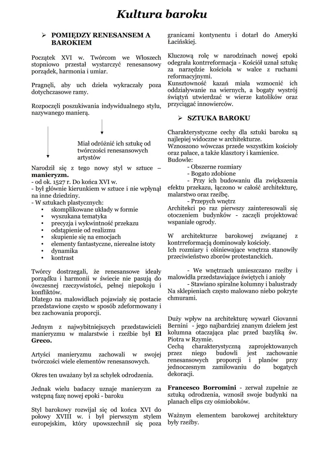 ➤ POMIĘDZY RENESANSEM A
BAROKIEM
Kultura baroku
Początek XVI w. Twórcom we Włoszech
stopniowo przestał wystarczyć renesansowy
porządek, harm
