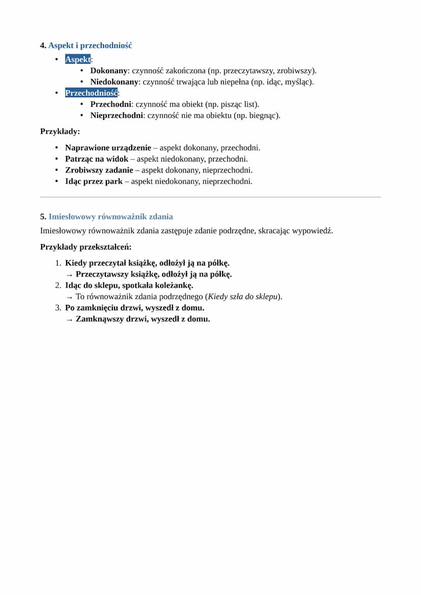 Notatka o imiesłowach
1. Co to są imiesłowy?
Imiesłowy to formy czasownika łączące cechy innych części mowy, takich jak przymiotnik czy
przy