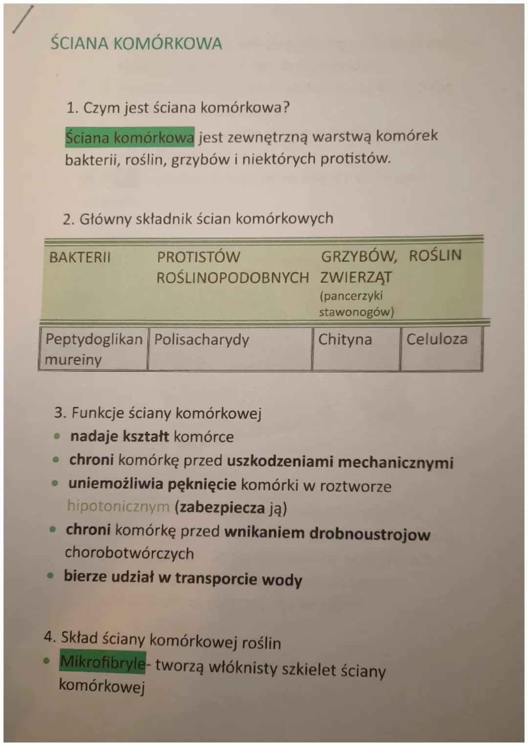 ŚCIANA KOMÓRKOWA
1. Czym jest ściana komórkowa?
Ściana komórkowa jest zewnętrzną warstwą komórek
bakterii, roślin, grzybów i niektórych prot