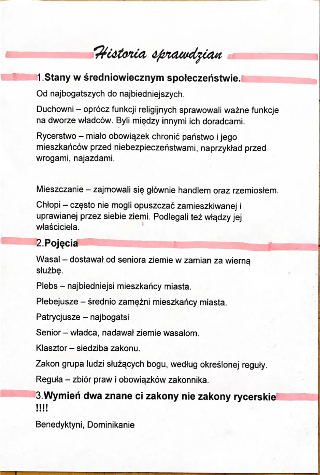 --- OCR Start ---
Historia sprawdzian
1.Stany w średniowiecznym społeczeństwie.
Od najbogatszych do najbiedniejszych.
Duchowni - oprócz funk