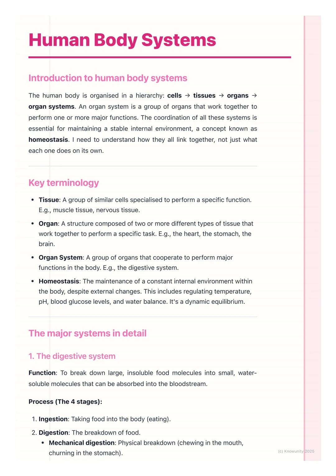 # Human Body Systems

Introduction to human body systems

The human body is organised in a hierarchy: cells $\rightarrow$ tissues $\rightarr